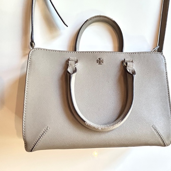 Tory Burch Handbag Gray Tan Logo Houlder Bag Purse Crossbody Medium size - Picture 14 of 16